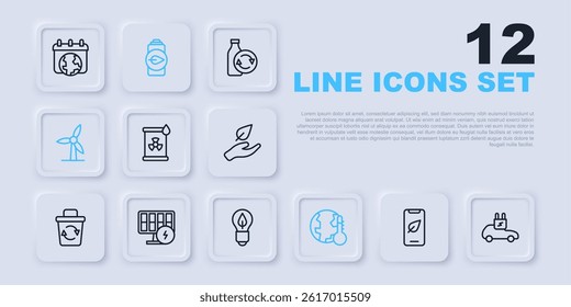 Set line Mobile phone with leaf, Electric car, Radioactive waste in barrel, Earth melting to global warming, Wind turbine, Solar energy panel, Eco nature battery and Light bulb icon. Vector
