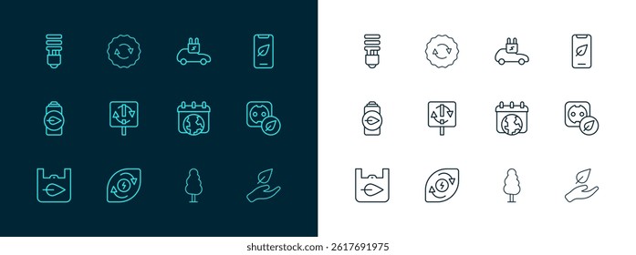 Set line Mobile phone with leaf, Water energy, World Earth day, Tree, Recycle symbol, Electric car, LED light bulb and  icon. Vector