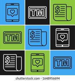 Set line Mobile phone and like with heart, Financial news and Trademark icon. Vector