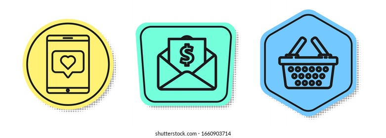 Set line Mobile phone and like with heart, Envelope with coin dollar and Shopping basket. Colored shapes. Vector