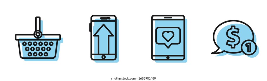 Set line Mobile phone and like with heart, Shopping basket, Smartphone, mobile phone and Speech bubble with dollar icon. Vector
