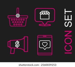 Set line Mobile phone and like with heart, Megaphone dollar, Online shopping concept and Shopping basket icon. Vector