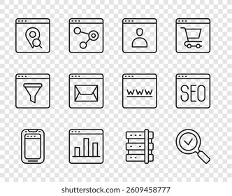 Set line Mobile phone, Magnifying glass with check mark, Create account screen, Graph chart infographic, Infographic of city map, Website and mail, Server and SEO optimization icon. Vector