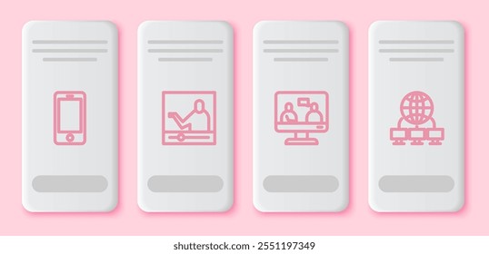 Set line Mobile phone, Online education,  and Computer network. White rectangle button. Vector