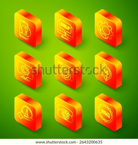 Set line Mobile phone with question, Computer monitor and help, Telephone 24 hours support, Location gear, Browser setting, Information and  icon. Vector