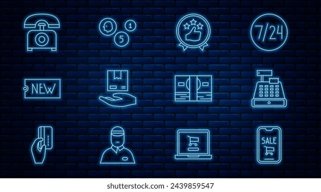 Set line Mobile phone and shopping cart, Consumer or customer product rating, Delivery hand with boxes, Price tag text New, Telephone, Stacks paper money cash and Coin icon. Vector