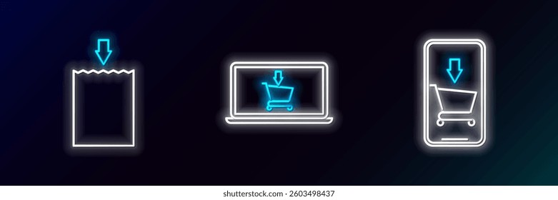 Set line Mobile phone and shopping cart, Paper bag and Shopping screen laptop icon. Glowing neon. Vector