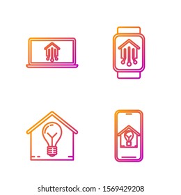 Set line Mobile phone with smart house and light bulb, Laptop with smart home and Smart home with smart watch. Gradient color icons. Vector