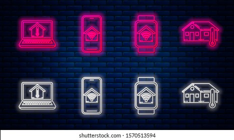 Set line Mobile phone with smart home with wi-fi, Smart watch with smart home with wi-fi, Laptop with house temperature and House temperature. Glowing neon icon on brick wall. Vector