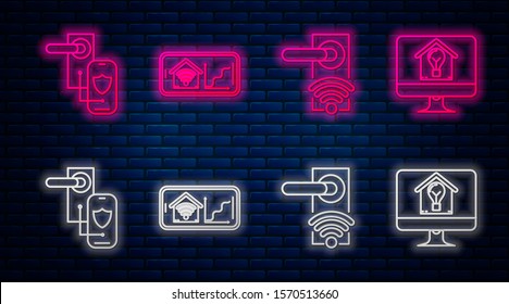 Set line Mobile phone with smart home with wi-fi, Digital door lock with wireless technology for lock and Computer monitor with smart house and light bulb. Glowing neon icon on brick wall. Vector