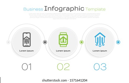 Set line Mobile phone with smart home, Smart watch with house temperature and Smart home. Business infographic template. Vector