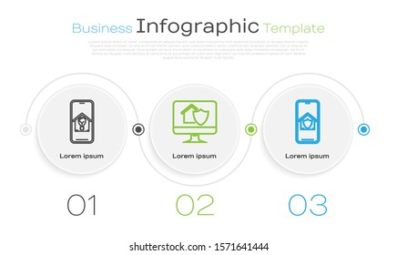 Set line Mobile phone with smart house and light bulb, Computer monitor with house under protection and Mobile phone with house under protection. Business infographic template. Vector