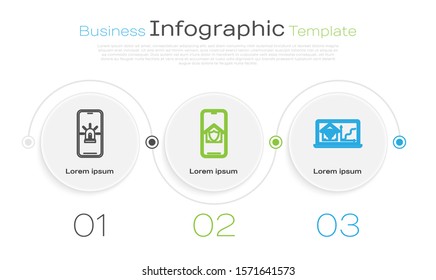 Set line Mobile phone with smart house and alarm, Mobile phone with house under protection and Laptop with smart home with wi-fi. Business infographic template. Vector