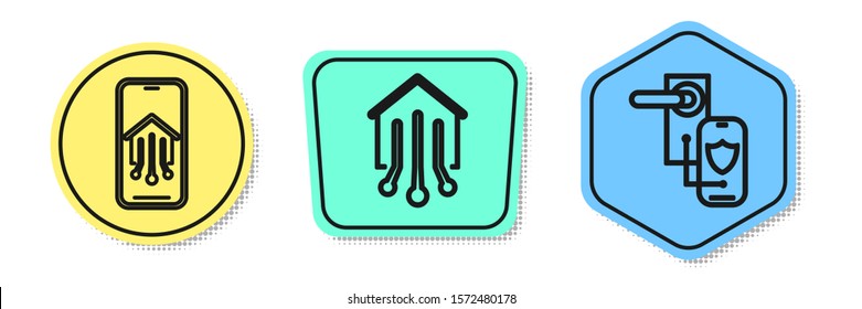 Set line Mobile phone with smart home, Smart home and Digital door lock with wireless technology for lock. Colored shapes. Vector