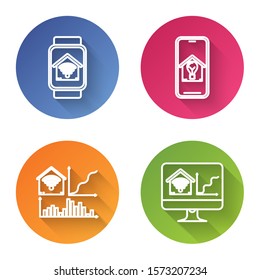 Set line Mobile phone with smart house and light bulb, Smart home with wi-fi and Computer monitor with smart home with wi-fi. Color circle button. Vector