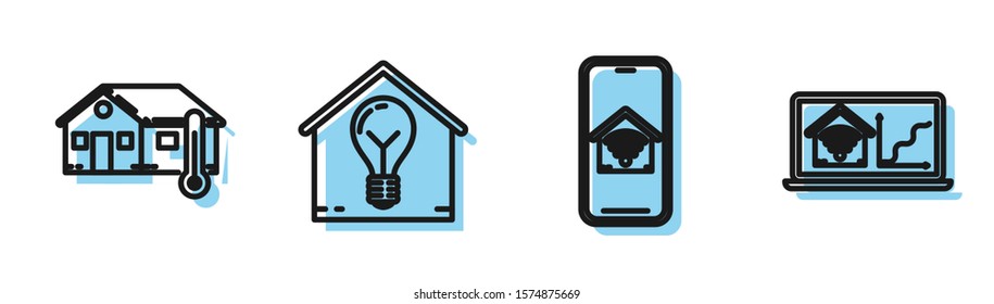 Set line Mobile phone with smart home with wi-fi, House temperature, Smart house and light bulb and Laptop with smart home with wi-fi icon. Vector