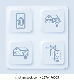 Set line Mobile phone with smart home, Smart house and light bulb, Smart house and light bulb and Digital door lock with wireless technology for lock. White square button. Vector