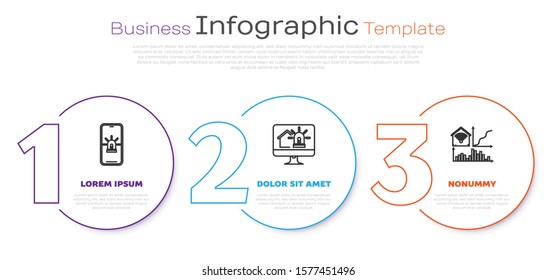 Set line Mobile phone with smart house and alarm, Computer monitor with smart house and alarm and Smart home with wi-fi. Business infographic template. Vector