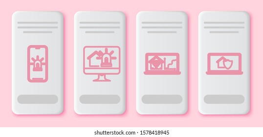 Set line Mobile phone with smart house and alarm, Computer monitor with smart house and alarm, Laptop with smart home with wi-fi and Laptop with house under protection. White rectangle button. Vector