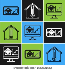 Set line Mobile phone with smart home with wi-fi, Computer monitor with smart home with wi-fi and House temperature icon. Vector