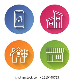 Set line Mobile phone with smart home, House, House with shield and Shopping building or market store. Color circle button. Vector