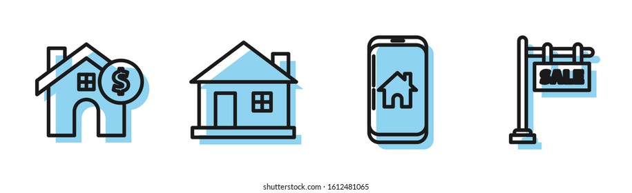 Set line Mobile phone with smart home, House with dollar symbol, House and Hanging sign with text Sale icon. Vector