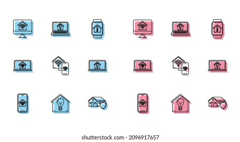 Set-line Handy mit Smarthome mit Wi-Fi, Smart-Haus und Glühbirne, Computer-Monitor, Haus unter Schutz, Laptop und Symbol. Vektorgrafik