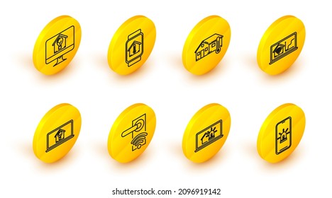 Set line Mobile phone with smart house and alarm, Laptop, Digital door lock wireless technology for unlock, light bulb, home wi-fi, House temperature, Smart watch and Computer monitor icon. Vector