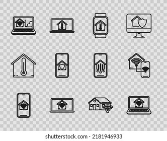 Ajuste el teléfono móvil de línea con el hogar inteligente con wi-fi, portátil, temperatura interior de reloj inteligente, bajo protección e icono. Vector