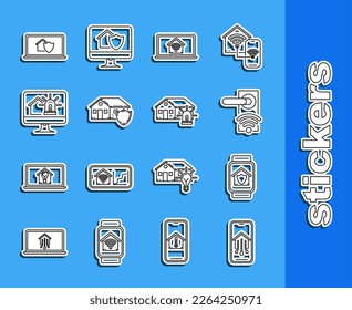 Set line Mobile phone with smart home, Smart watch house under protection, Digital door lock wireless technology for unlock, Laptop wi-fi, House, Computer monitor and alarm,  and  icon. Vector