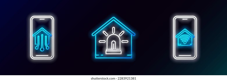 Set line Mobile phone with smart home with wi-fi,  and Smart house and alarm icon. Glowing neon. Vector