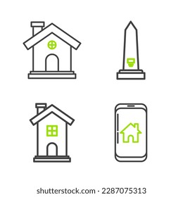 Set line Mobile phone with smart home, Home symbol, Washington monument and House icon. Vector