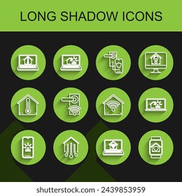 Set line Mobile phone with smart house and alarm, Smart home, Laptop temperature, wi-fi, watch under protection, Digital door lock wireless technology for unlock,  and  icon. Vector