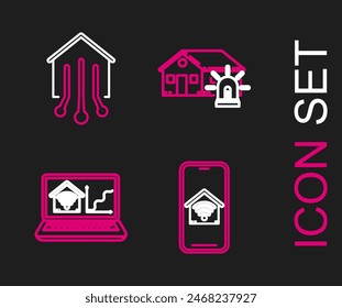 Set line Mobile phone with smart home with wi-fi, Laptop, Smart house and alarm and  icon. Vector