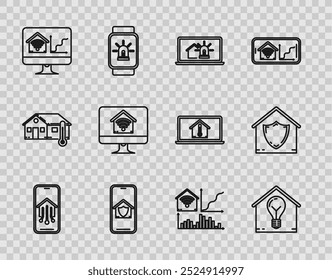 Set line Mobile phone with smart home, Smart house and light bulb, Laptop alarm, under protection, Computer monitor wi-fi,  and House icon. Vector