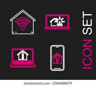 Set line Mobile phone with smart house and light bulb, Laptop temperature, alarm and Smart home wi-fi icon. Vector