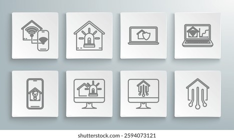 Set line Mobile phone with smart house and light bulb, Smart alarm, Computer monitor, home, Laptop under protection, wi-fi and  icon. Vector