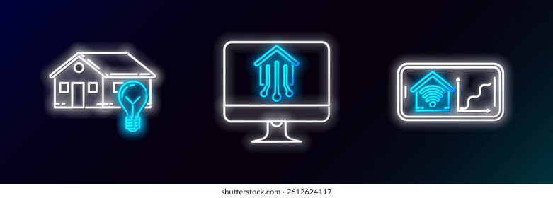 Set line Mobile phone with smart home with wi-fi, Smart house and light bulb and Computer monitor icon. Glowing neon. Vector