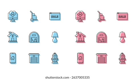 Set line Mobile phone with smart home, Garage, Monitor house in heart shape, Fire hydrant, Warehouse, Table lamp, House and Hand truck and boxes icon. Vector