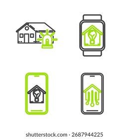 Set line Mobile phone with smart home, house and light bulb, Smart watch and alarm icon. Vector