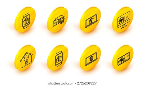 Set-line-Handy mit Smart Home mit Wi-Fi, Laptop, Smart-Uhr-Haustemperatur und Glühbirne, Computer-Monitor, Alarm und Symbol. Vektorgrafik
