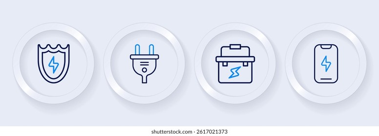 Set line Mobile phone, Toolbox electrician, Electric plug and Lightning and shield icon. Vector