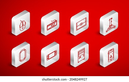 Set line Mobile and playing in game, Computer keyboard, Chest for, Joystick arcade machine, mouse gaming, Portable video console and Poker icon. Vector