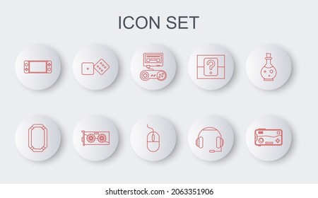 Set line Mobile and playing in game, Poker table, Game console with joystick, Headphones, Portable video, dice, Video graphic card and Computer mouse icon. Vector