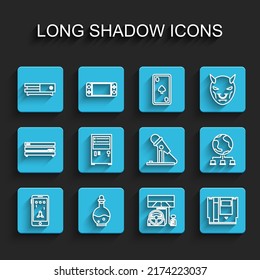 Set line Mobile and playing in game, Bottle with magic elixir, Video console, Racing simulator cockpit, Cartridge, Computer, network and Microphone icon. Vector