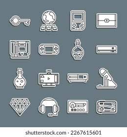 Fijar línea Móvil y jugar en juegos, Micrófono, Videconsola, Vídeo portátil, Cartucho, Tecla antigua para y Botella con icono de elixir mágico. Vector