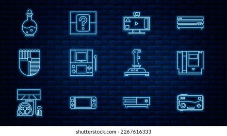 Set Line Mobile und im Spiel spielen, Cartridge, Live Streaming online, Portable Video-Konsole, Schild für, Flasche mit magischem Elixier, Joystick-Arcade-Maschine und Mystery Zufallskasten-Symbol. Vektorgrafik