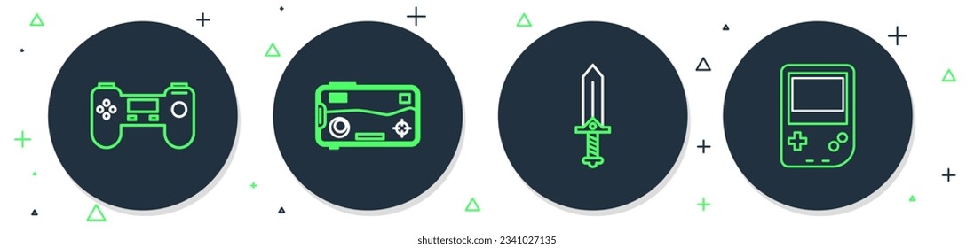 Fijar línea Mobile y jugar en el juego, Sword for, Gamepad e icono de la consola de vídeo portátil. Vector