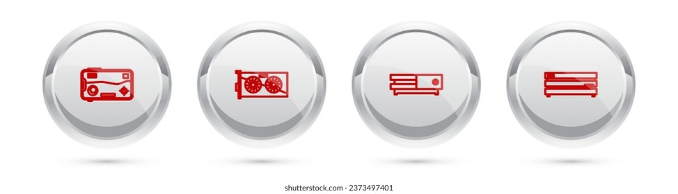 Set line Mobile and playing in game, Video graphic card, console and . Silver circle button. Vector