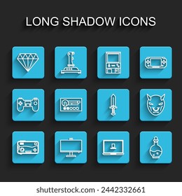 Fijar línea Móvil y jugar en el juego, Monitor de ordenador, Diamante, Ordenador portátil, Botella con elixir mágico, Crear pantalla de cuenta, Máscara de los cuernos del diablo y Espada para icono. Vector